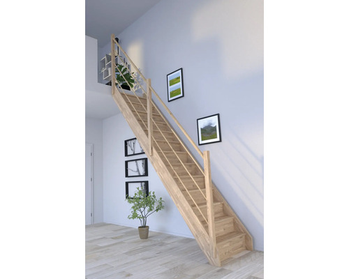 Escalier à limons Pertura Notos chêne avec des contremarches non traité droit 13 Pièce(s) marches/14 pas de marche garde-corps à barres verticales Escalier en bois avec rampe dans une pièce lumineuse