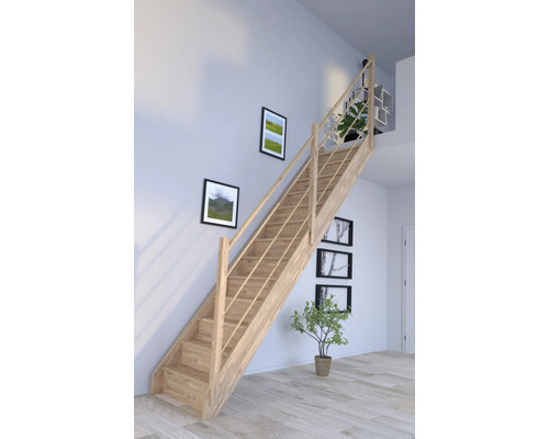 Escalier à limons Pertura Notos chêne avec des contremarches non traité droit 13 Pièce(s) marches/14 pas de marche garde-corps à barres verticales Escalier en bois avec rampe dans une pièce à vivre lumineuse