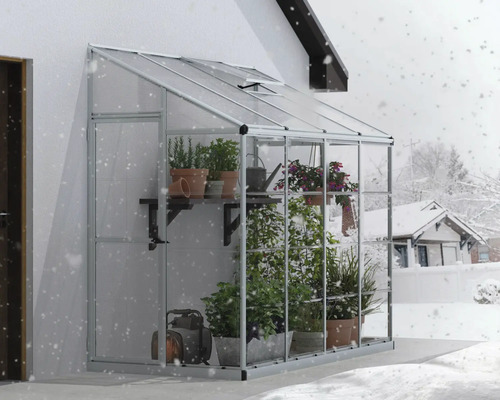 Anlehngewächshaus mit Pflanzen im Winter