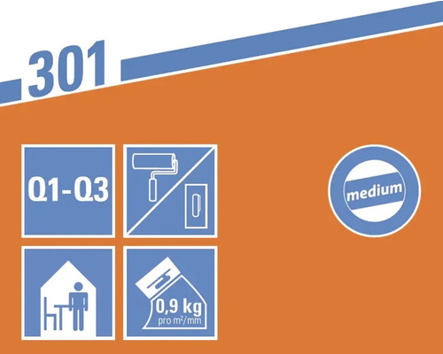Informations sur le produit : Q1 à Q3, convient aux rouleaux et aux spatules, usage intérieur, consommation 0,9 kilogramme par mètre carré par millimètre, grain moyen
