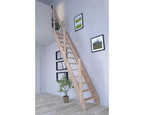 Escalier à limon latéral Pertura hêtre bois lamellé-collé non traité sans contremarches droit 12 marches - 13 pas de marche garde-corps à barres hêtre alu-argent