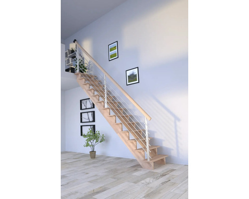 Escalier à limons Pertura Atanas bois de hêtre lamellé-collé sans contremarches non traité droit 13 Pièce(s) marches/14 pas de marche garde-corps à barres verticales Escalier en bois avec rampe en acier inoxydable dans une pièce lumineuse