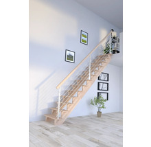 Escalier en bois avec rampe en acier inoxydable dans une pièce lumineuse.