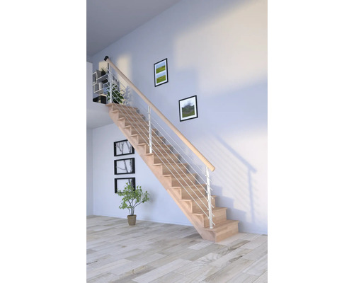Escalier en bois avec rampe en acier inoxydable dans une pièce lumineuse