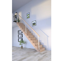 Escalier en bois avec garde-corps en acier inoxydable dans une pièce lumineuse.