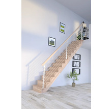 Escalier en bois clair avec rampe en métal dans une pièce au design moderne.