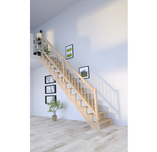 Escalier en bois dans un espace de vie lumineux avec des tableaux au mur et des étagères