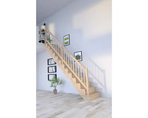 Escalier à limons Pertura Atanas chêne avec des contremarches non traité droit 13 Pièce(s) marches/14 pas de marche garde-corps à barres verticales Escalier en bois avec rampe blanche dans une pièce lumineuse avec des tableaux au mur