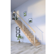 Escalier en bois avec rampe en acier inoxydable dans une pièce lumineuse