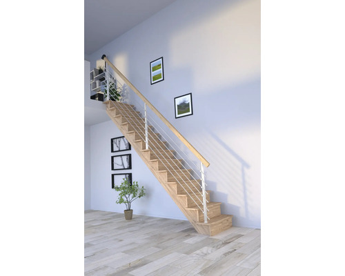 Escalier à limon latéral Pertura chêne non traité sans contremarches droit 13 marches - 14 pas de marche garde-corps à barres chêne alu argent argent Escalier à limon latéral Pertura chêne non traité sans contremarches droit 13 marches - 14 pas de marche garde-corps à barres chêne alu argent argent