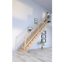 Escalier en bois dans une pièce lumineuse avec décoration murale et plante d''intérieur