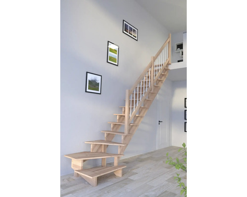 Escalier à limon latéral Pertura hêtre bois lamellé-collé non traité sans contremarches 1 en bas 13 marches - 14 pas de marche garde-corps à barres hêtre blanc (RAL 9010)