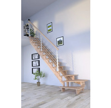 Pièce claire et conviviale avec escalier en bois et rampe en acier.