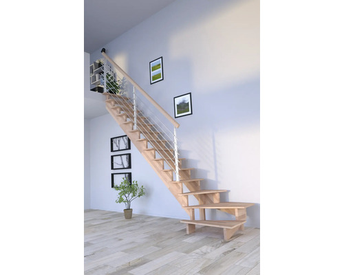 Escalier à limons Pertura Atanas bois de hêtre lamellé-collé sans contremarches non traité 1/4 tournant en bas à gauche 13 Pièce(s) marches/14 pas de marche garde-corps à barres verticales Pièce claire et conviviale avec escalier en bois et rampe en acier.