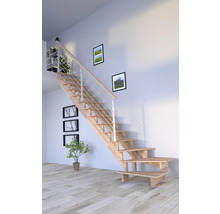 Escalier en bois avec rampe en acier inoxydable dans une pièce lumineuse