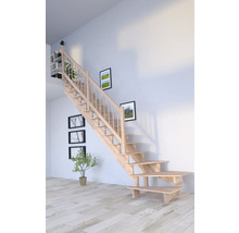 Escalier en bois dans une pièce lumineuse avec des tableaux au mur