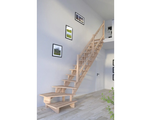 Escalier à limon latéral Pertura hêtre bois lamellé-collé non traité sans contremarches 1 en bas 13 marches - 14 pas de marche garde-corps à barres hêtre