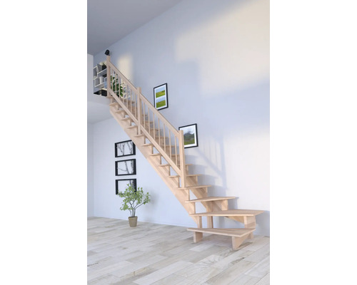 Escalier à limons Pertura Atanas bois de hêtre lamellé-collé sans contremarches non traité 1/4 tournant en bas à gauche 13 Pièce(s) marches/14 pas de marche garde-corps à barres verticales Escalier en bois avec rampe dans une pièce lumineuse.
