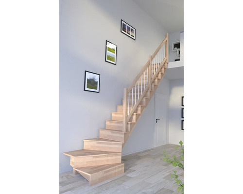 Escalier à limon latéral Pertura hêtre bois lamellé-collé non traité avec contremarches 1 en bas 13 marches - 14 pas de marche garde-corps à barres hêtre blanc (RAL 9010)