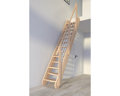 Escalier à limon latéral Pertura hêtre bois lamellé-collé non traité marches praticables réciproques droit 12 marches - 13 pas de marche garde-corps à barres