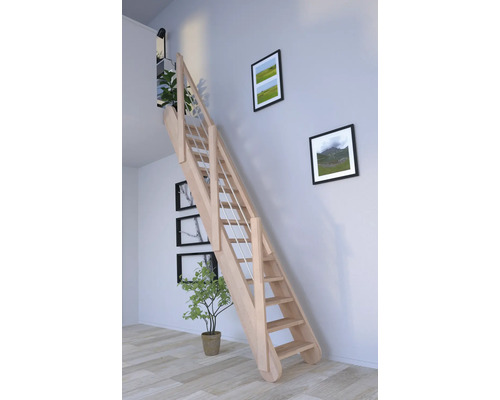 Escalier à limon latéral Pertura hêtre bois lamellé-collé non traité sans contremarches droit 12 marches - 13 pas de marche garde-corps à barres hêtre alu-argent