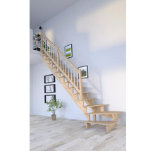 Escalier en bois avec rampe dans une pièce lumineuse.