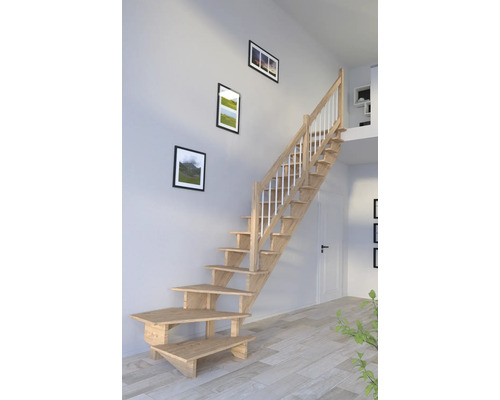 Escalier à limons Pertura Atanas chêne sans contremarches non traité 1/4 tournant en bas à droite 13 Pièce(s) marches/14 pas de marche garde-corps à barres verticales Escalier en bois avec rampe dans un intérieur
