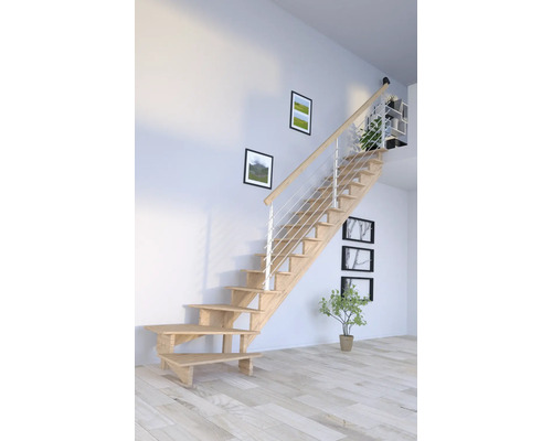 Escalier à limons Pertura Atanas chêne sans contremarches non traité 1/4 tournant en bas à droite 13 Pièce(s) marches/14 pas de marche garde-corps à barres verticales Escalier en bois avec rampe dans une pièce lumineuse