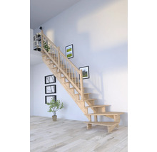 Escalier en bois dans une pièce lumineuse avec des tableaux au mur et une étagère