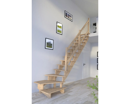 Escalier à limons Pertura Atanas chêne sans contremarches non traité 1/4 tournant en bas à droite 13 Pièce(s) marches/14 pas de marche garde-corps à barres verticales Escalier en bois dans un espace de vie avec décoration murale