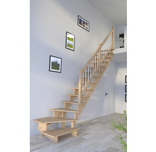 Escalier à limons Pertura Atanas chêne avec des contremarches non traité 1/4 tournant en bas à droite 13 Pièce(s) marches/14 pas de marche garde-corps à barres verticales
