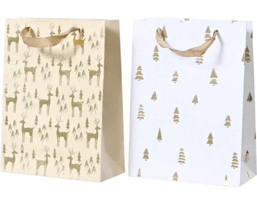 Zwei Geschenktüten mit Wintermotiven und Tragegriffen