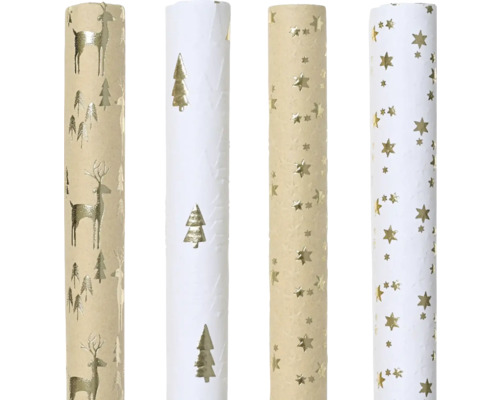 Verschiedene Rollen Geschenkpapier mit weihnachtlichen Motiven