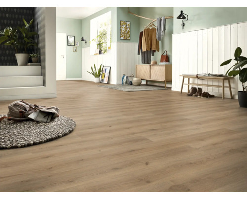 Entrée lumineuse avec sol stratifié, vestiaire et éléments décoratifs pour une ambiance conviviale.