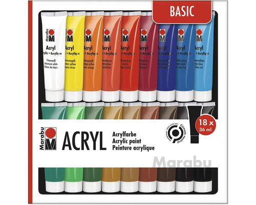 Jeu de peintures acryliques Marabu Basic 18 x 36 ml Marabu Set de peintures acryliques Basic avec 18 tubes