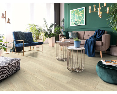 Sol en bois clair dans un salon avec meubles et plantes