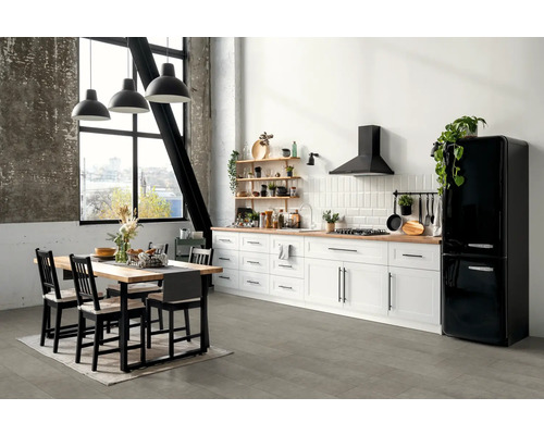 Cuisine claire avec table à manger, kitchenette, hotte aspirante et réfrigérateur