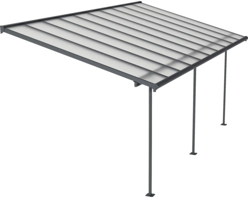 Auvent de terrasse avec toit transparent et poteaux de soutien