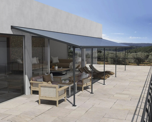 Terrassenüberdachung CANOPIA by Palram Sierra 3x10.35 1044 x 295 cm anthrazit Terrasse mit Pavillon, Sitzmöbeln und Liegestühlen