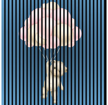 Illustration d''un ours en peluche suspendu à un ballon, avec des rayures verticales au premier plan.