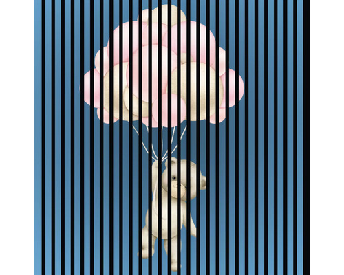 Akustikpaneel digital bedruckt Taddy 1 1195 x 1133 x 19 mm Set = 2 Einzelpaneele Illustration eines Teddybären, der an einem Ballon hängt, mit vertikalen Streifen im Vordergrund.