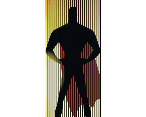 Akustikpaneel digital bedruckt Hero 1 2400 x 1133 x 19 mm Set = 2 Einzelpaneele Silhouette einer Person mit Umhang vor gestreiftem Hintergrund