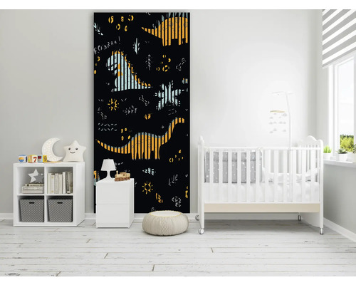 Chambre d''enfant avec papier peint photo de dinosaures, lit d''enfant et étagère à jouets