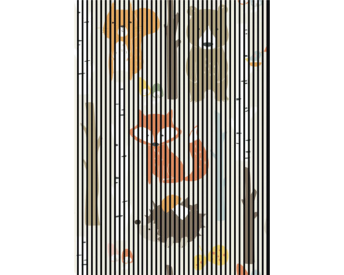 Panneau acoustique impression numérique Fo x i 1 2400 x 1693 x 19 mm set = 3 panneaux individuels Illustration avec ours, renard, hérisson et autres animaux de la forêt derrière des rayures verticales