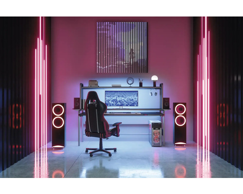 Salle de jeu avec bureau, chaise, haut-parleurs et éclairage néon