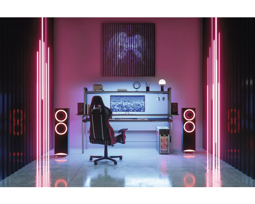 Salle de jeu avec bureau, chaise, haut-parleurs et éclairage néon