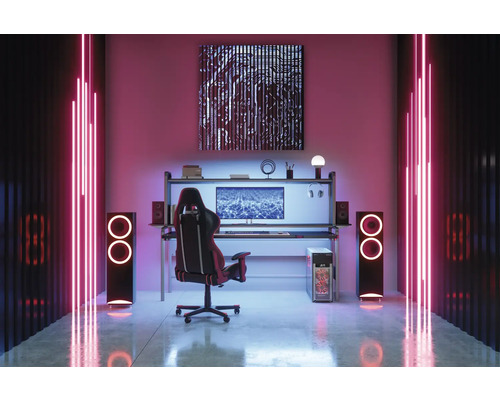 Salle de jeu avec bureau, ordinateur, chaise, haut-parleurs et néons