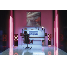 Salle de jeu avec bureau, chaise, haut-parleurs et éclairage