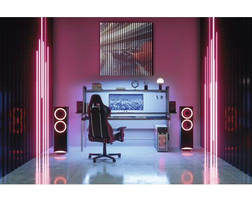Salle de jeu avec bureau, chaise, haut-parleurs et éclairage