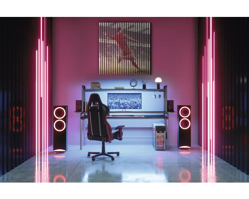 Aménagement d''une salle de jeux avec bureau, chaise, ordinateur, haut-parleurs et décoration murale